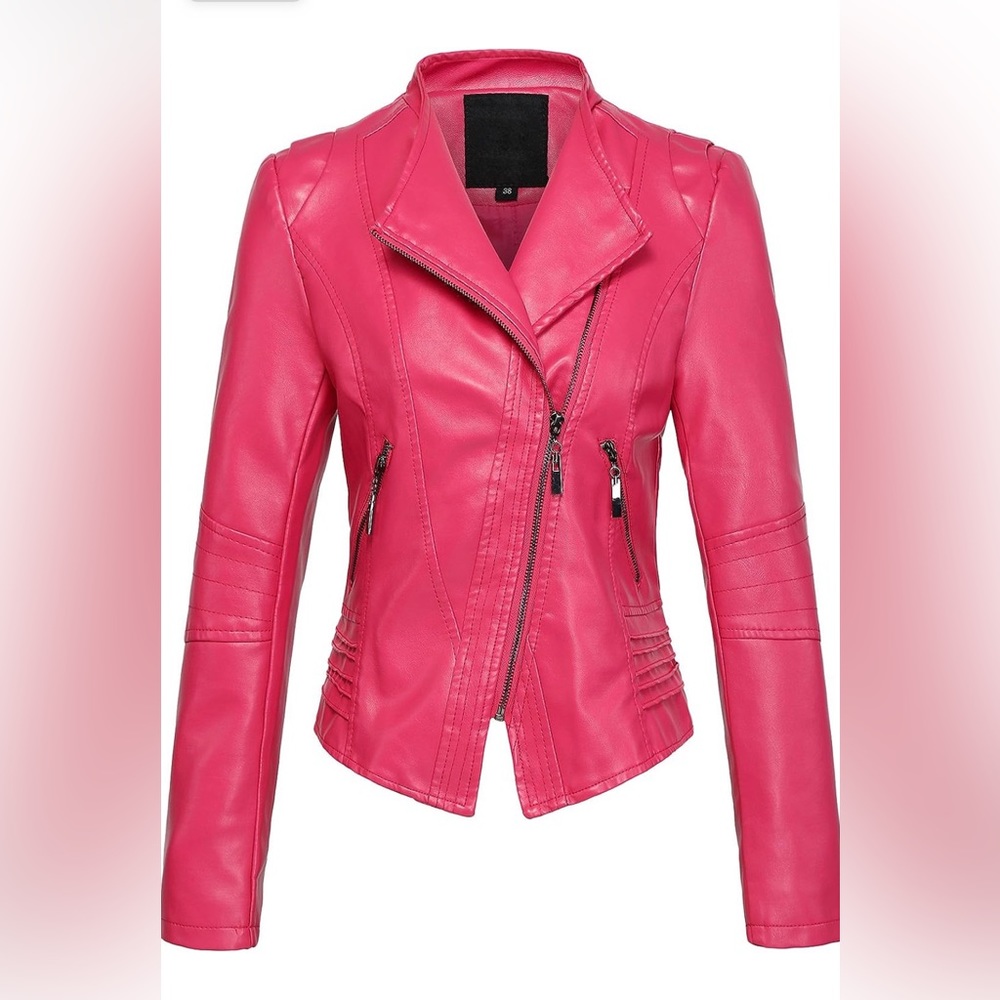Pink Faux Leather Biker Jacket